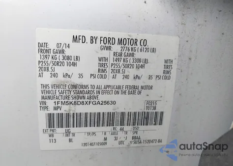 2015 Ford Explorer Xlt из США, поврежденный, VIN 1FM5K8D8XFGA25630